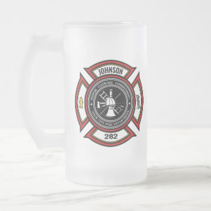 Fire Department ADD NAME Firefighter Badge Rescue Frosted Glass Beer Mug