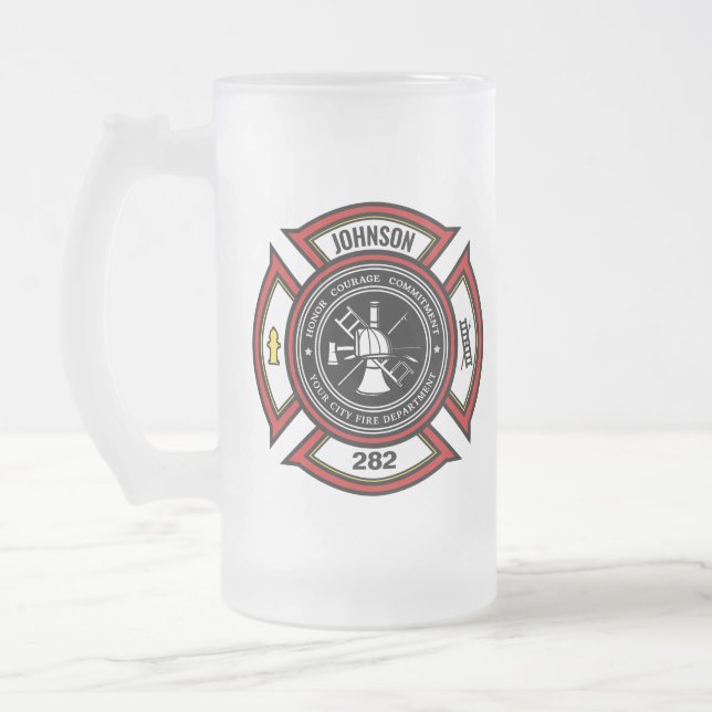 Fire Department ADD NAME Firefighter Badge Rescue Frosted Glass Beer Mug (Left)