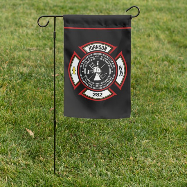 Fire Department ADD NAME Firefighter Badge Rescue Garden Flag (In SItu)