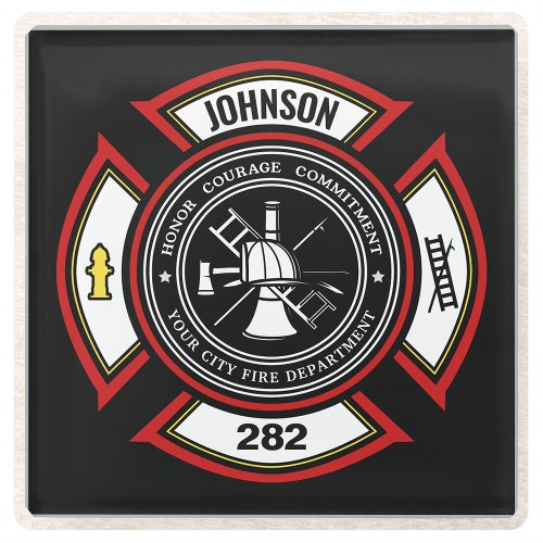 Fire Department ADD NAME Firefighter Badge Rescue Glass Coaster