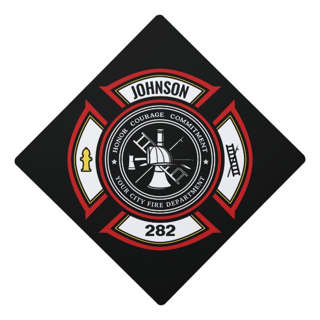 Fire Department ADD NAME Firefighter Badge Rescue Graduation Cap Topper (Front)