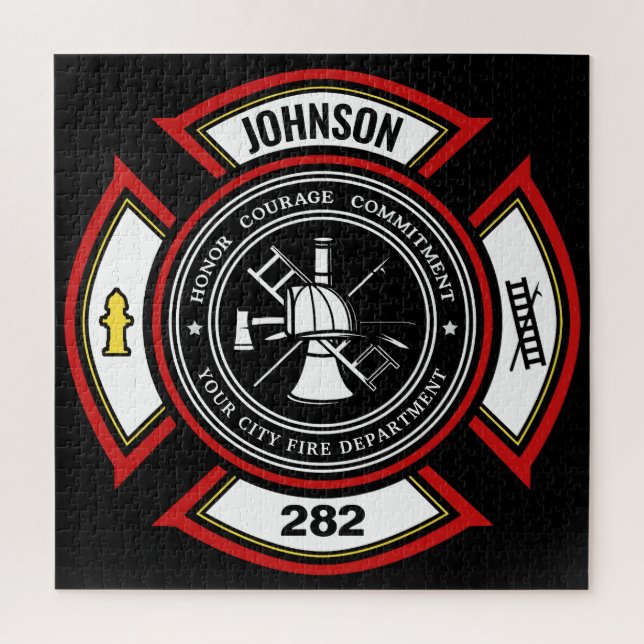 Fire Department ADD NAME Firefighter Badge Rescue Jigsaw Puzzle (Vertical)