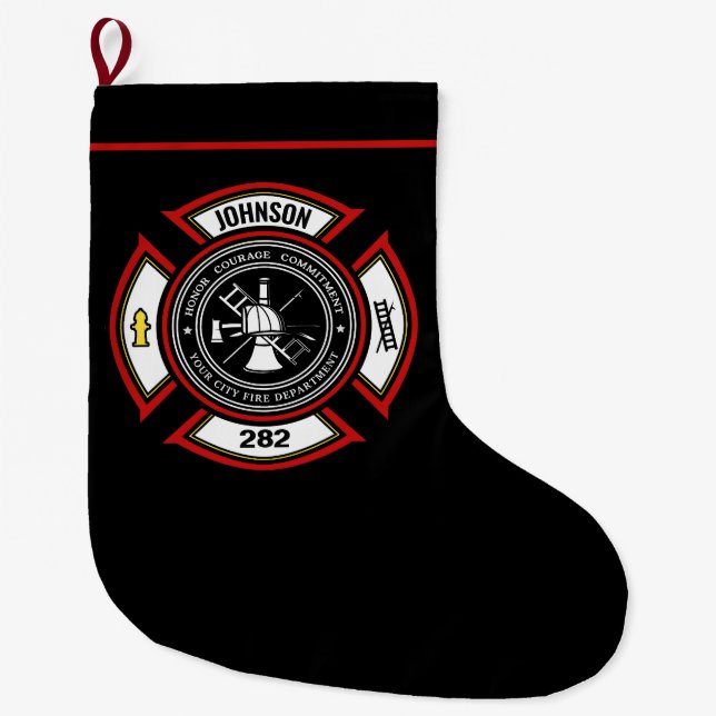 Fire Department ADD NAME Firefighter Badge Rescue Large Christmas Stocking (Front)