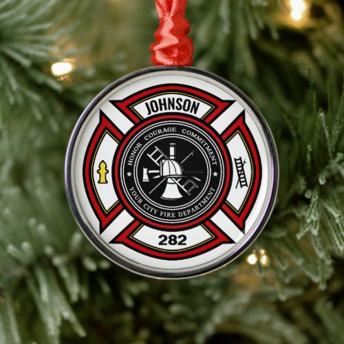 Fire Department ADD NAME Firefighter Badge Rescue Metal Ornament