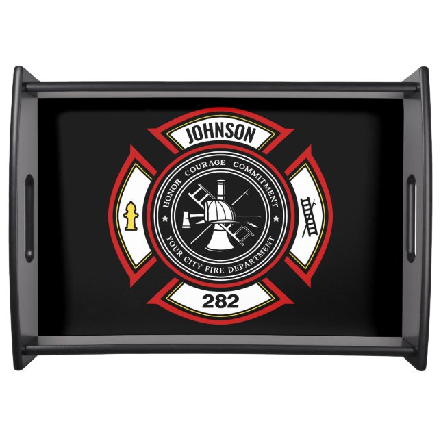 Fire Department ADD NAME Firefighter Badge Rescue Serving Tray (Front)