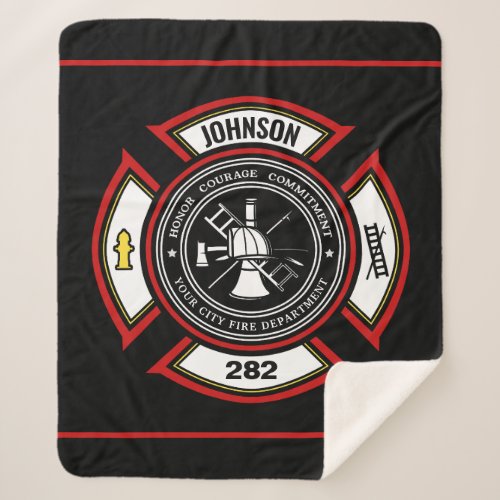 Fire Department ADD NAME Firefighter Badge Rescue Sherpa Blanket