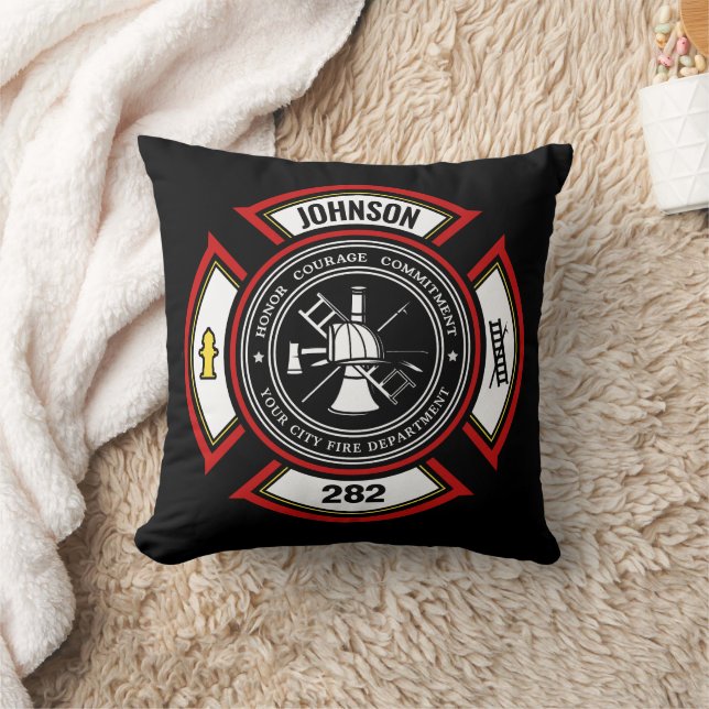Fire Department ADD NAME Firefighter Badge Rescue Throw Pillow (Blanket)