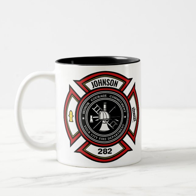 Fire Department ADD NAME Firefighter Badge Rescue Two-Tone Coffee Mug (Left)