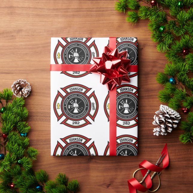 Fire Department ADD NAME Firefighter Badge Rescue Wrapping Paper (Holiday Gift)