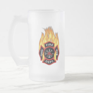 Fire Department Badge Flaming Frosted Glass Beer Mug