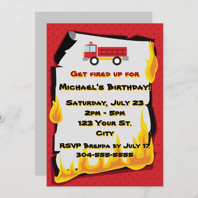 Fire Department Birthday Party Invitation (Front/Back)