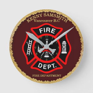 Fire Department Black And Red Badge 4 Round Clock