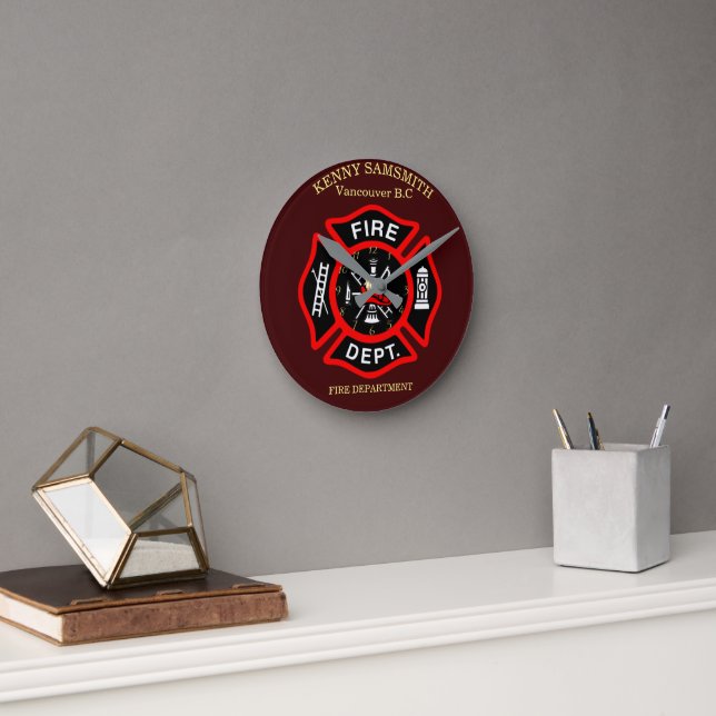 Fire Department Black And Red Badge Round Clock (Office)