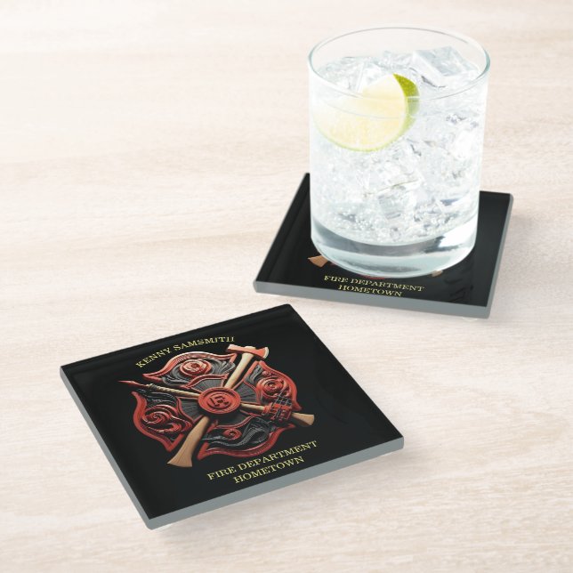 Fire Department Emblem of courage and dedication Glass Coaster (Angled)