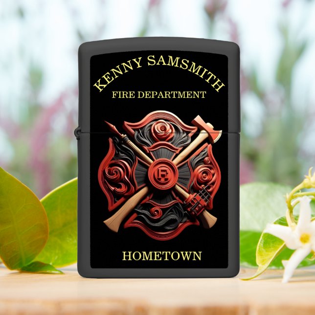 Fire Department Emblem of courage and dedication Zippo Lighter (On Table)