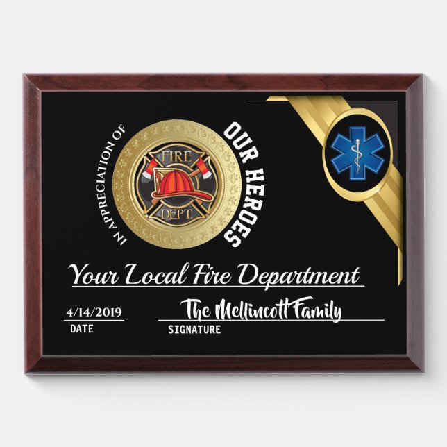 Fire Department EMS Award Plaque (Horizontal)