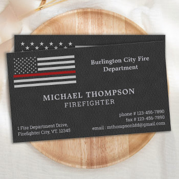 Fire Department Faux Leather Fireman Firefighter Business Card by BlackDogArtJudy at Zazzle
