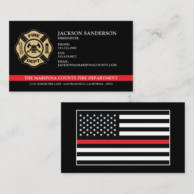Fire Department Firefighter Red Line Custom Logo Business Card (Front/Back)
