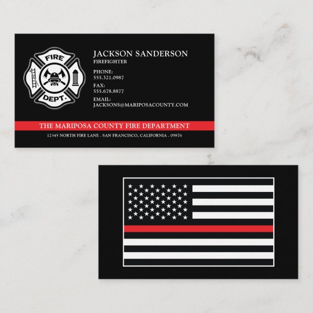 Fire Department Firefighter Red Line Custom Logo Business Card (Front/Back)