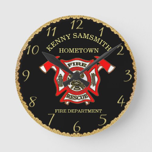 Fire Department Gold And Red Badge With Axes 4 Round Clock