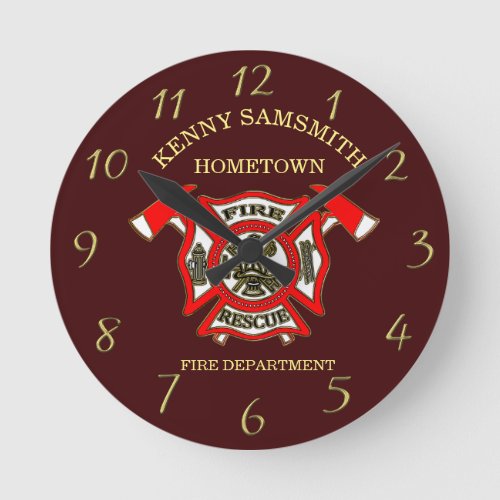 Fire Department Gold And Red Badge With Axes Round Clock