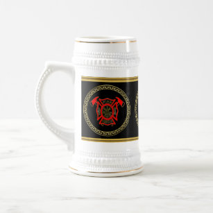 Fire Department Gold And Red Badge With Fire Axes Beer Stein
