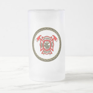 Fire Department Gold And Red Badge With Fire Axes Frosted Glass Beer Mug