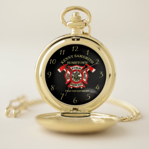 Fire Department Gold And Red Badge With Fire Axes Pocket Watch