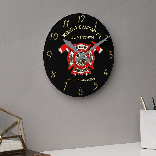 Fire Department Gold And Red Badge With Fire Axes Round Clock