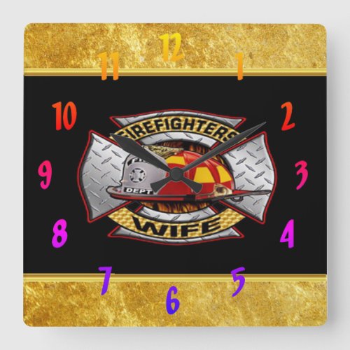 Fire Department Gold And Silver Wife Badge Square Wall Clock