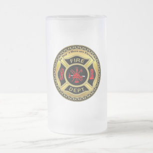 Fire Department logo Black And Gold Badge Frosted Glass Beer Mug