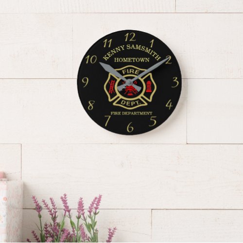 Fire Department logo Black And Gold Badge Round Clock