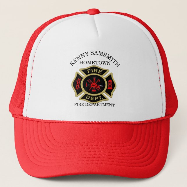 Fire Department logo Black And Gold Badge Trucker Hat (Front)