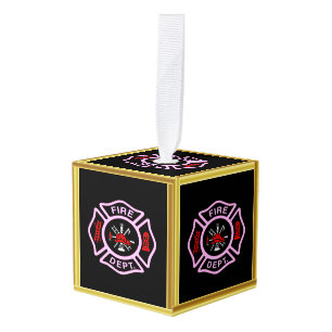 Fire Department logo Black And Pink Badge Cube Ornament
