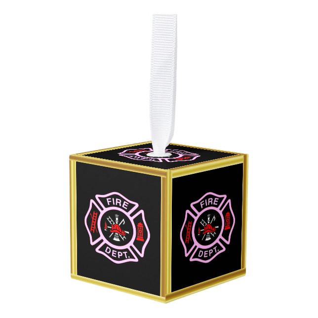 Fire Department logo Black And Pink Badge Cube Ornament (Front Angled)