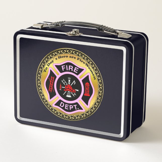 Fire Department logo Black And Pink Badge Metal Lunch Box (Front)