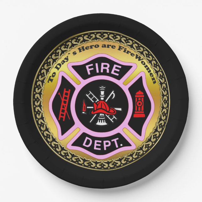 Fire Department logo Black And Pink Badge Paper Plates (Front)