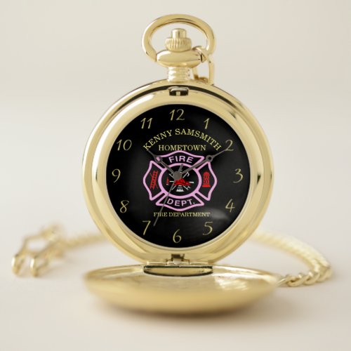 Fire Department logo Black And Pink Badge Pocket Watch