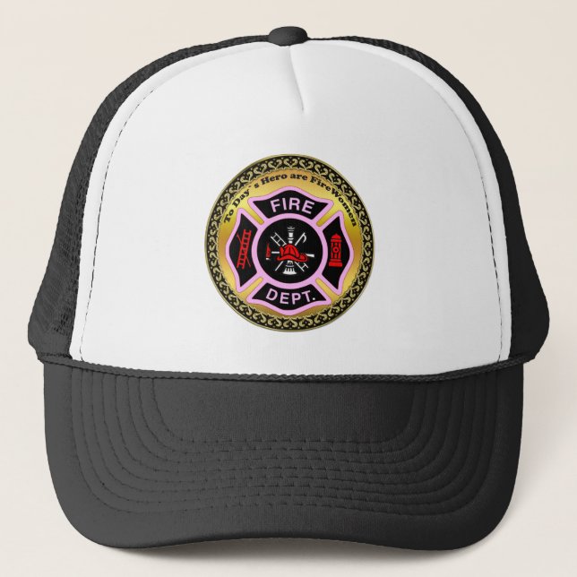 Fire Department logo Black And Pink Badge Trucker Hat (Front)