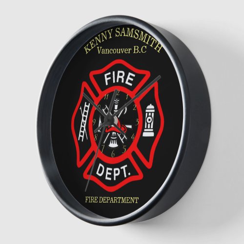 Fire Department logo Black And Red Badge  Clock