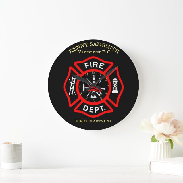 Fire Department logo Black And Red Badge  Large Clock (Home)