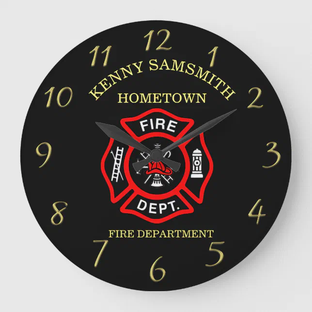Fire Department logo Black And Red Badge Large Clock | Zazzle