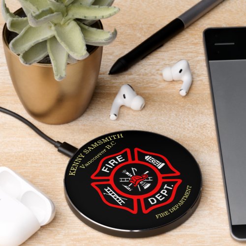 Fire Department logo Black And Red Badge  Wireless Charger