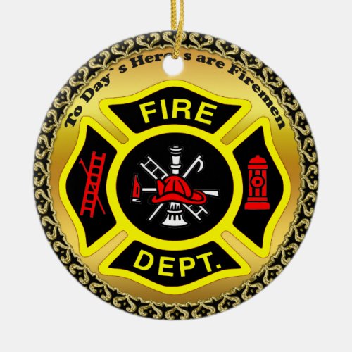 Fire Department logo Black And Yellow Badge Ceramic Ornament