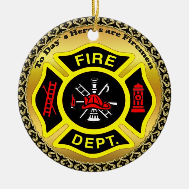 Fire Department logo Black And Yellow Badge Ceramic Ornament (Front)