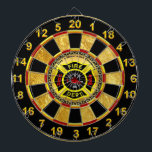 Fire Department logo Black And Yellow Badge Dart Board<br><div class="desc">Fire Department logo Black And Yellow Badge With Fire Axes and ladder.
Great for firemen and first respondents. Personalize with your name and department home town and more.monogram</div>