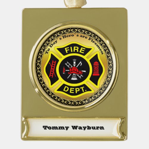 Fire Department logo Black And Yellow Badge Gold Plated Banner Ornament