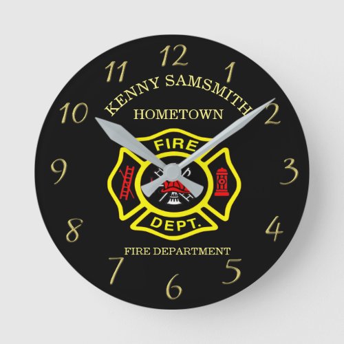 Fire Department logo Black And Yellow Badge Round Clock