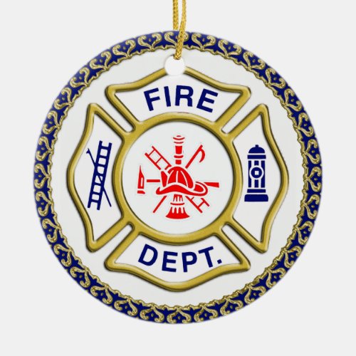 Fire Department logo Blue And White Badge Ceramic Ornament