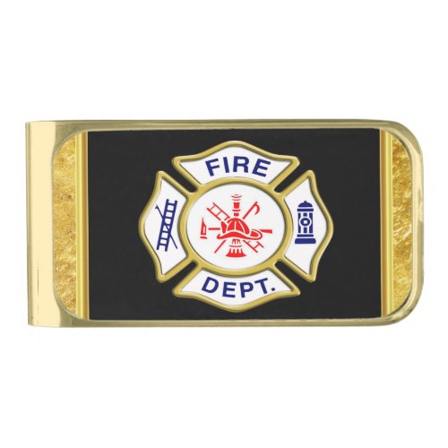 Fire Department logo Blue And White Badge gold Gold Finish Money Clip